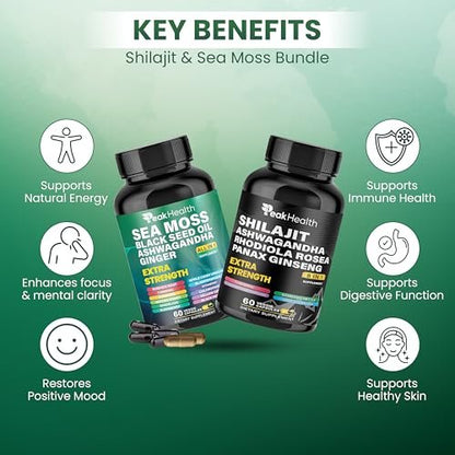 Peakhealth Shilajit Sea Moss Black Seed Oil Ashwagandha Capsules for Man Woman, 2 Bottle Combo with Turmeric, Panax Ginseng, Rhodiola, Herbal Formula, Energy & Immune Support, 60 Capsules