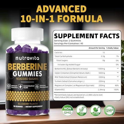 Nutravita Berberine Gummies with Ceylon Cinnamon 1500mg High Potency Berberine HCL Supplement for Immune and Metabolism Support, Sugar Free Organic Berberine Gummies Blueberry Flavor-1PACK