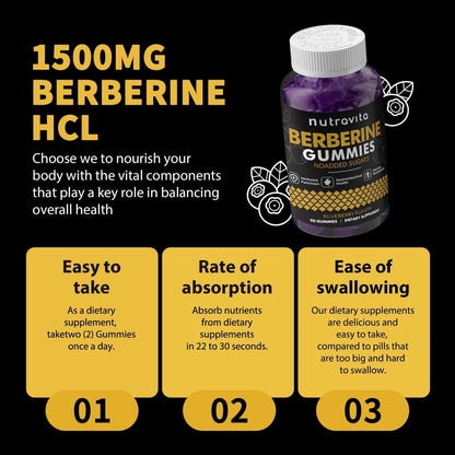 Nutravita Berberine Gummies with Ceylon Cinnamon 1500mg High Potency Berberine HCL Supplement for Immune and Metabolism Support, Sugar Free Organic Berberine Gummies Blueberry Flavor-1PACK