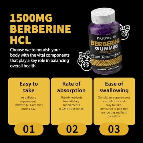 Nutravita Berberine Gummies with Ceylon Cinnamon 1500mg High Potency Berberine HCL Supplement for Immune and Metabolism Support, Sugar Free Organic Berberine Gummies Blueberry Flavor-1PACK - görsel 8