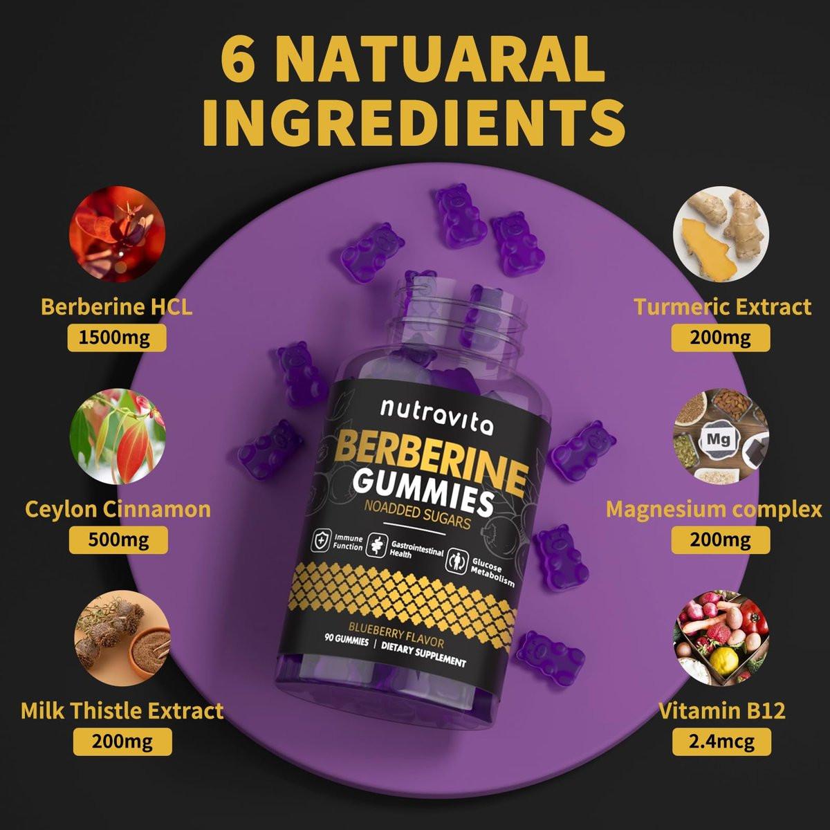 Nutravita Berberine Gummies with Ceylon Cinnamon 1500mg High Potency Berberine HCL Supplement for Immune and Metabolism Support, Sugar Free Organic Berberine Gummies Blueberry Flavor-1PACK - görsel 11