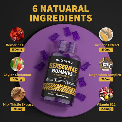Nutravita Berberine Gummies with Ceylon Cinnamon 1500mg High Potency Berberine HCL Supplement for Immune and Metabolism Support, Sugar Free Organic Berberine Gummies Blueberry Flavor-1PACK