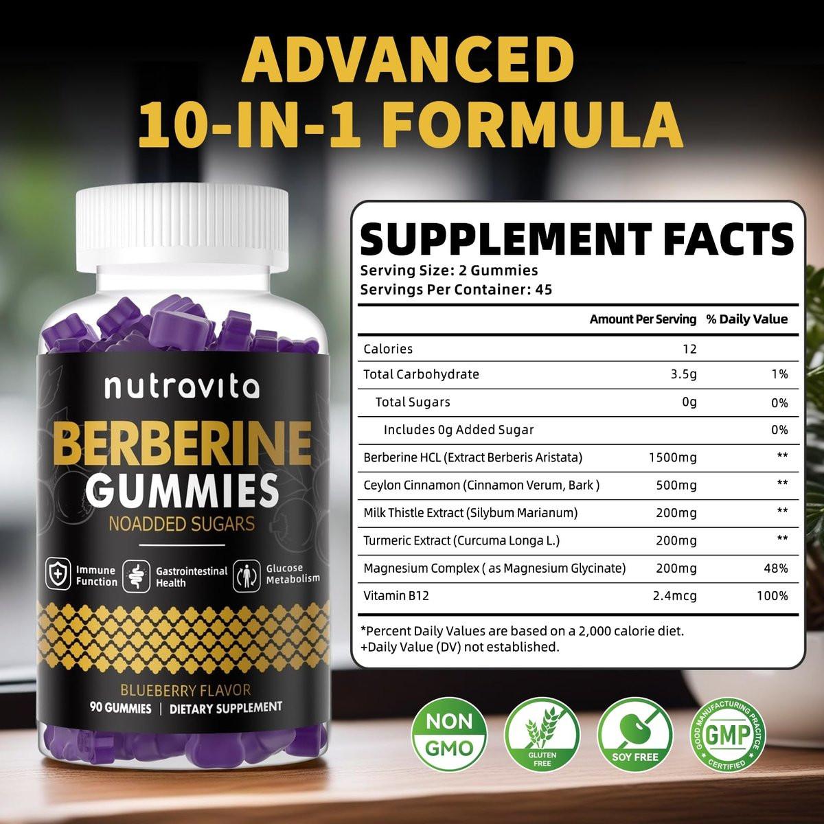 Nutravita Berberine Gummies with Ceylon Cinnamon 1500mg High Potency Berberine HCL Supplement for Immune and Metabolism Support, Sugar Free Organic Berberine Gummies Blueberry Flavor-1PACK - görsel 3