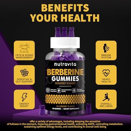 Nutravita Berberine Gummies with Ceylon Cinnamon 1500mg High Potency Berberine HCL Supplement for Immune and Metabolism Support, Sugar Free Organic Berberine Gummies Blueberry Flavor-1PACK - görsel 6