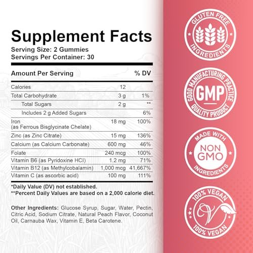 Iron Gummies with Zinc, Calcium, Vitamin C, B6 & B12 | Iron Supplement for Women, Men & Kids | Supports Anemia & Deficiency, Blood Builder & Cell Formation | Chewable Peach Flavor, 60 Gummies - görsel 8