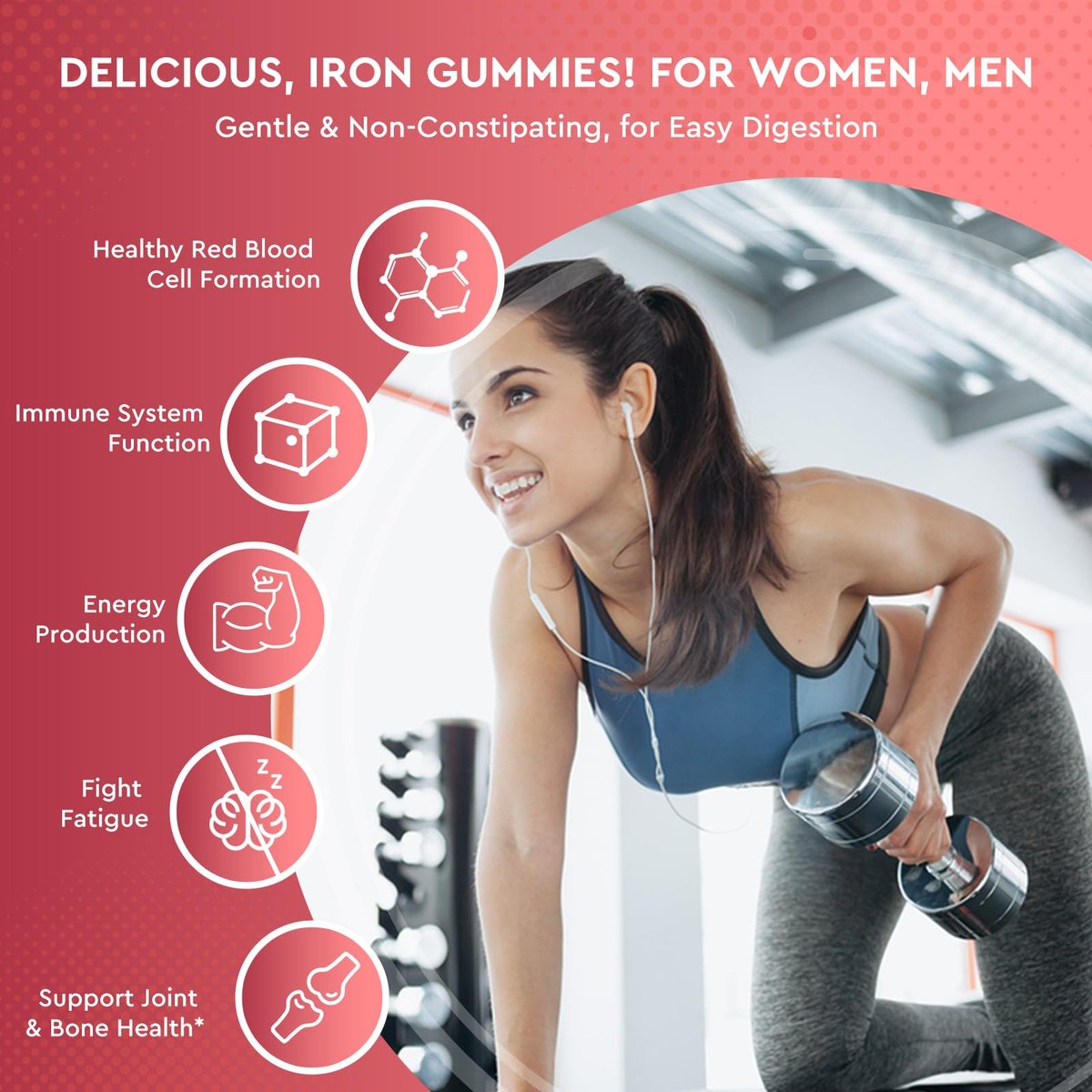 Iron Gummies with Zinc, Calcium, Vitamin C, B6 & B12 | Iron Supplement for Women, Men & Kids | Supports Anemia & Deficiency, Blood Builder & Cell Formation | Chewable Peach Flavor, 60 Gummies - görsel 3