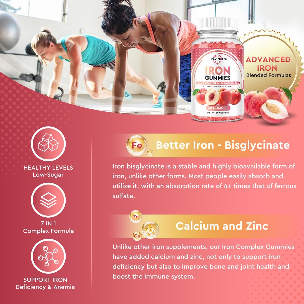 Iron Gummies with Zinc, Calcium, Vitamin C, B6 & B12 | Iron Supplement for Women, Men & Kids | Supports Anemia & Deficiency, Blood Builder & Cell Formation | Chewable Peach Flavor, 60 Gummies - görsel 5