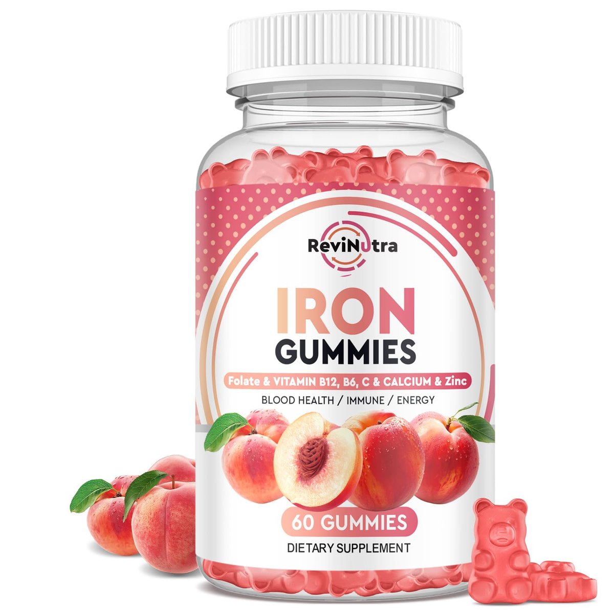 Iron Gummies with Zinc, Calcium, Vitamin C, B6 & B12 | Iron Supplement for Women, Men & Kids | Supports Anemia & Deficiency, Blood Builder & Cell Formation | Chewable Peach Flavor, 60 Gummies - görsel 1