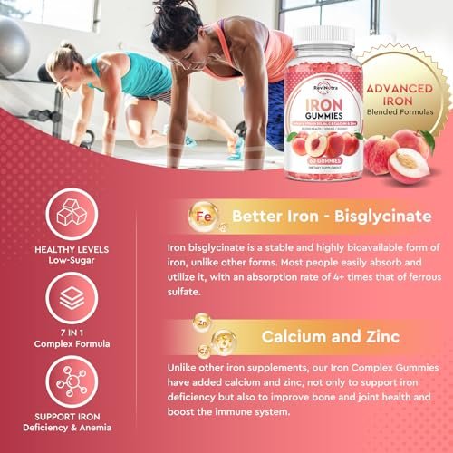 Iron Gummies with Zinc, Calcium, Vitamin C, B6 & B12 | Iron Supplement for Women, Men & Kids | Supports Anemia & Deficiency, Blood Builder & Cell Formation | Chewable Peach Flavor, 60 Gummies - görsel 6