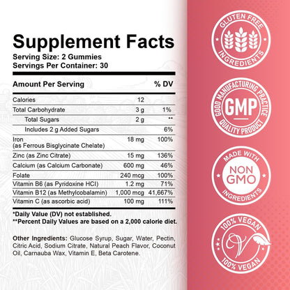 Iron Gummies with Zinc, Calcium, Vitamin C, B6 & B12 | Iron Supplement for Women, Men & Kids | Supports Anemia & Deficiency, Blood Builder & Cell Formation | Chewable Peach Flavor, 60 Gummies