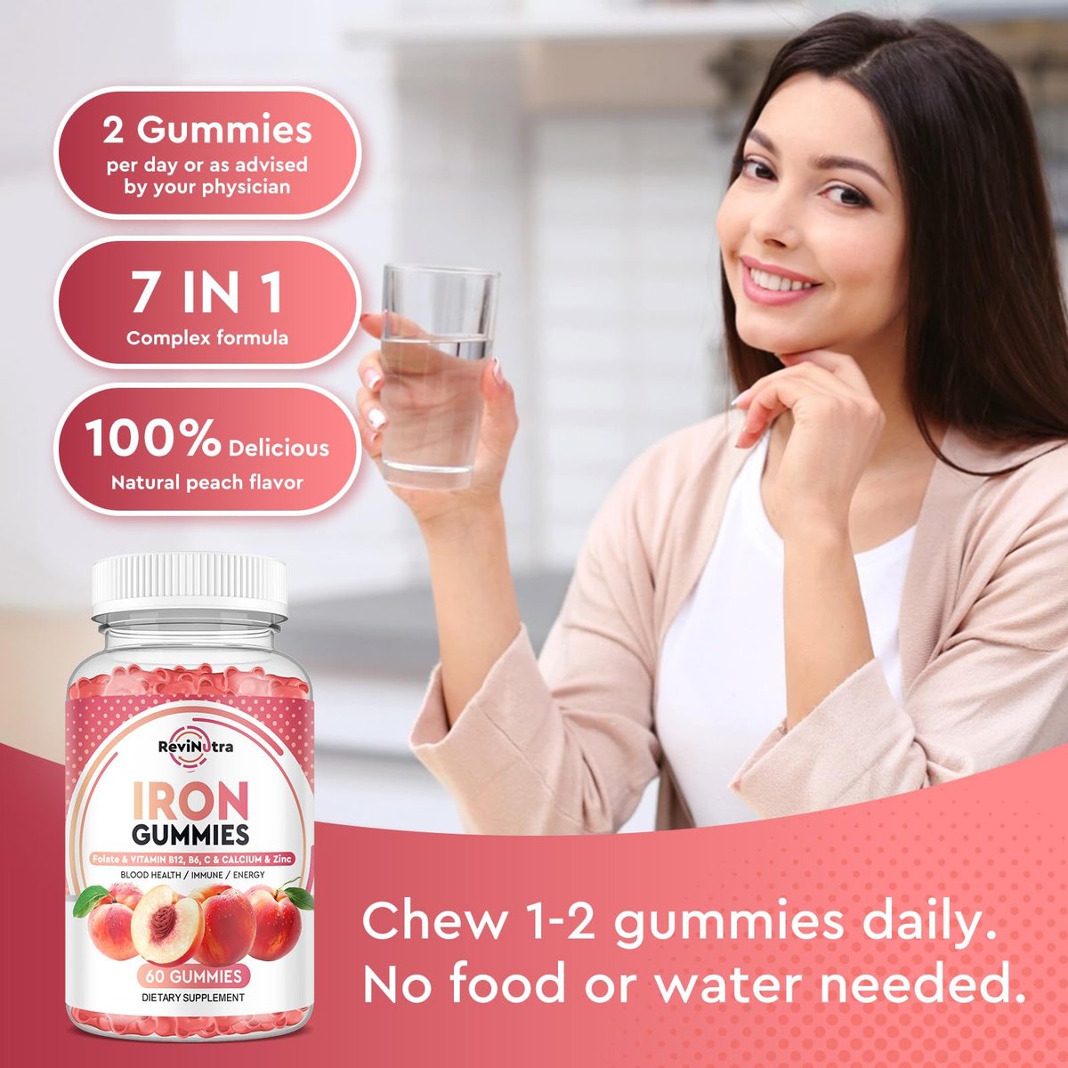 Iron Gummies with Zinc, Calcium, Vitamin C, B6 & B12 | Iron Supplement for Women, Men & Kids | Supports Anemia & Deficiency, Blood Builder & Cell Formation | Chewable Peach Flavor, 60 Gummies - görsel 11