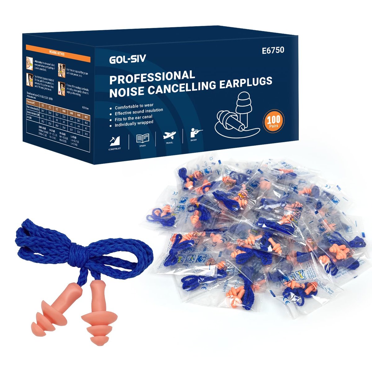 GOL-SIV 100 Pairs Silicone Corded Ear Plugs SNR 32dB - Reusable Noise Reduction Earplugs with String, Individually Wrapped, for Work & Construction Site, Orange - görsel 9