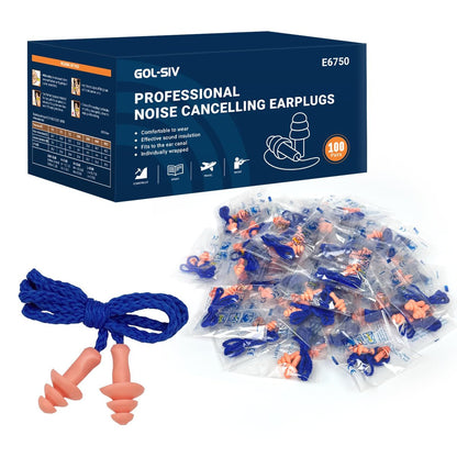 GOL-SIV 100 Pairs Silicone Corded Ear Plugs SNR 32dB - Reusable Noise Reduction Earplugs with String, Individually Wrapped, for Work & Construction Site, Orange