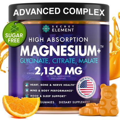 Secret Element Magnesium Glycinate 2150MG Gummies for Women and Men, High Absorption Magnesium Glycinate, Citrate, Malate Gummies for Adults & Kids, Sleep Support, Sugar Free, Vegan, 60 Chews, Orange