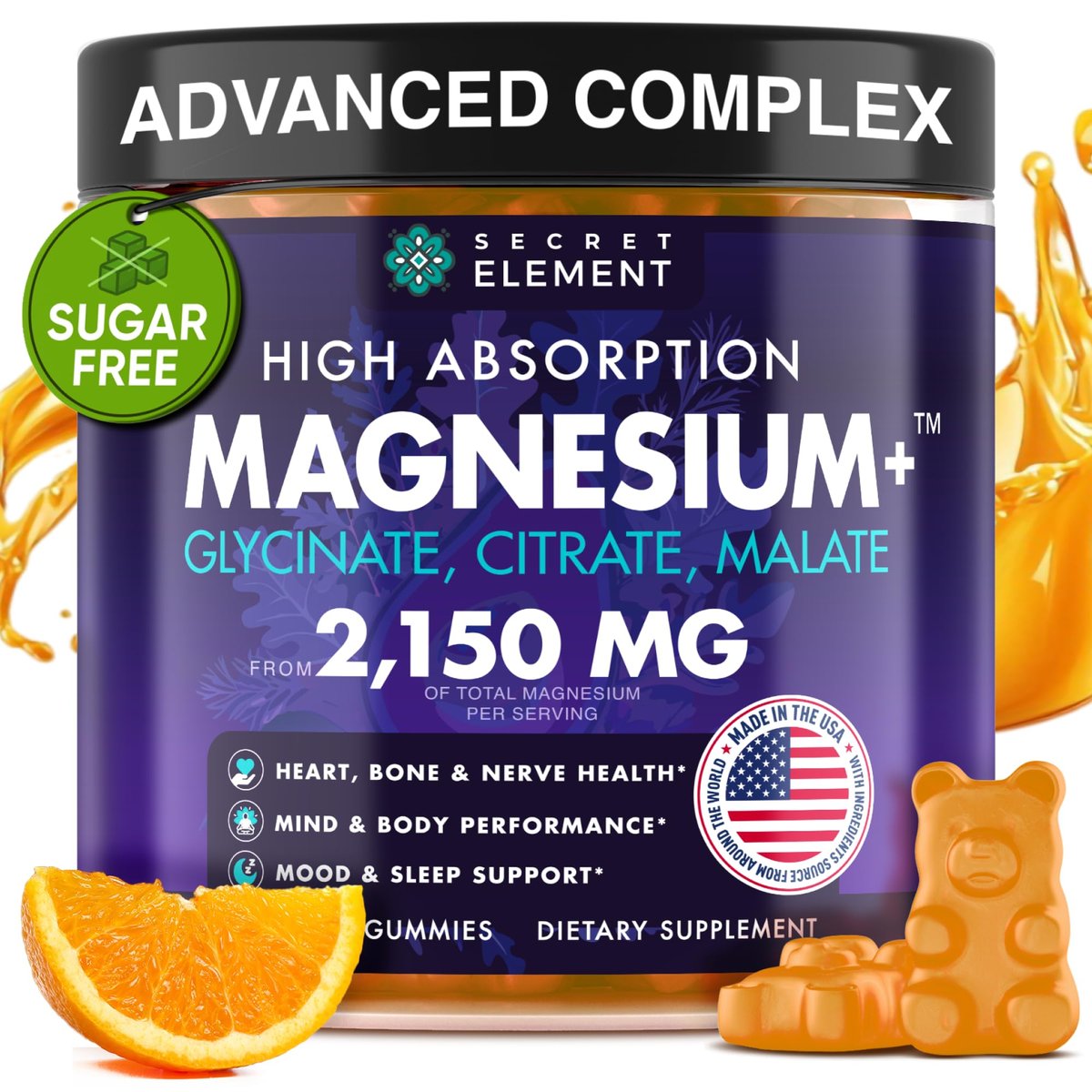 Secret Element Magnesium Glycinate 2150MG Gummies for Women and Men, High Absorption Magnesium Glycinate, Citrate, Malate Gummies for Adults & Kids, Sleep Support, Sugar Free, Vegan, 60 Chews, Orange - görsel 4