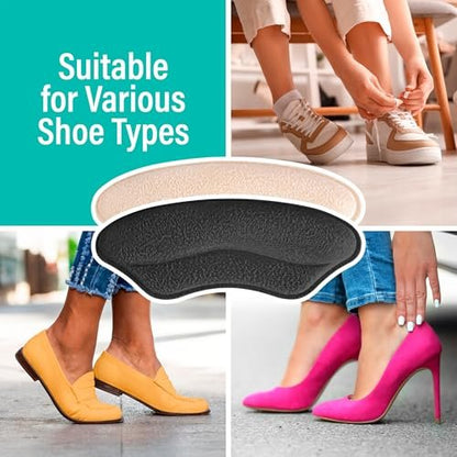 Comfwalk Heel Grip Cushion Pads - 4 Pairs, Self-Adhesive, Shoe Inserts for Loose Shoes, Snug Fit, Blister Prevention, Heel Comfort for Men and Women, Ideal for High Heels (Black & Beige, Lip-Shaped)