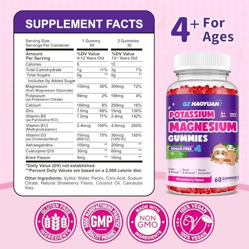 Magnesium Gummies for Kids - Magnesium Glycinate Gummies with Vitamin D3, B6, Potassium & Ashwagandha, Magnesium for Kids & Adults Relaxation, Sleep, Brain & Bone Health - Vegan Strawberry 60ct - görsel 6