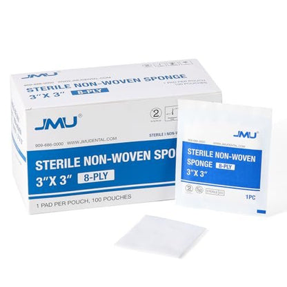 JMU 100 Count Gauze Pads 4x4 Sterile, 8-Ply, Individually Wrapped, Non-Woven Disposable Medical Gauze Sponges for Wound Care