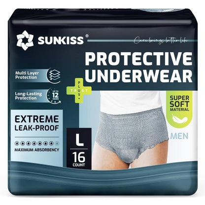 SUNKISS Super Soft Incontinence Underwear for Men, Daytime Disposable Adult Pull Ups, Men's Protective Diapers with Maximum Absorbency, XXLarge, Grey, 14 Count