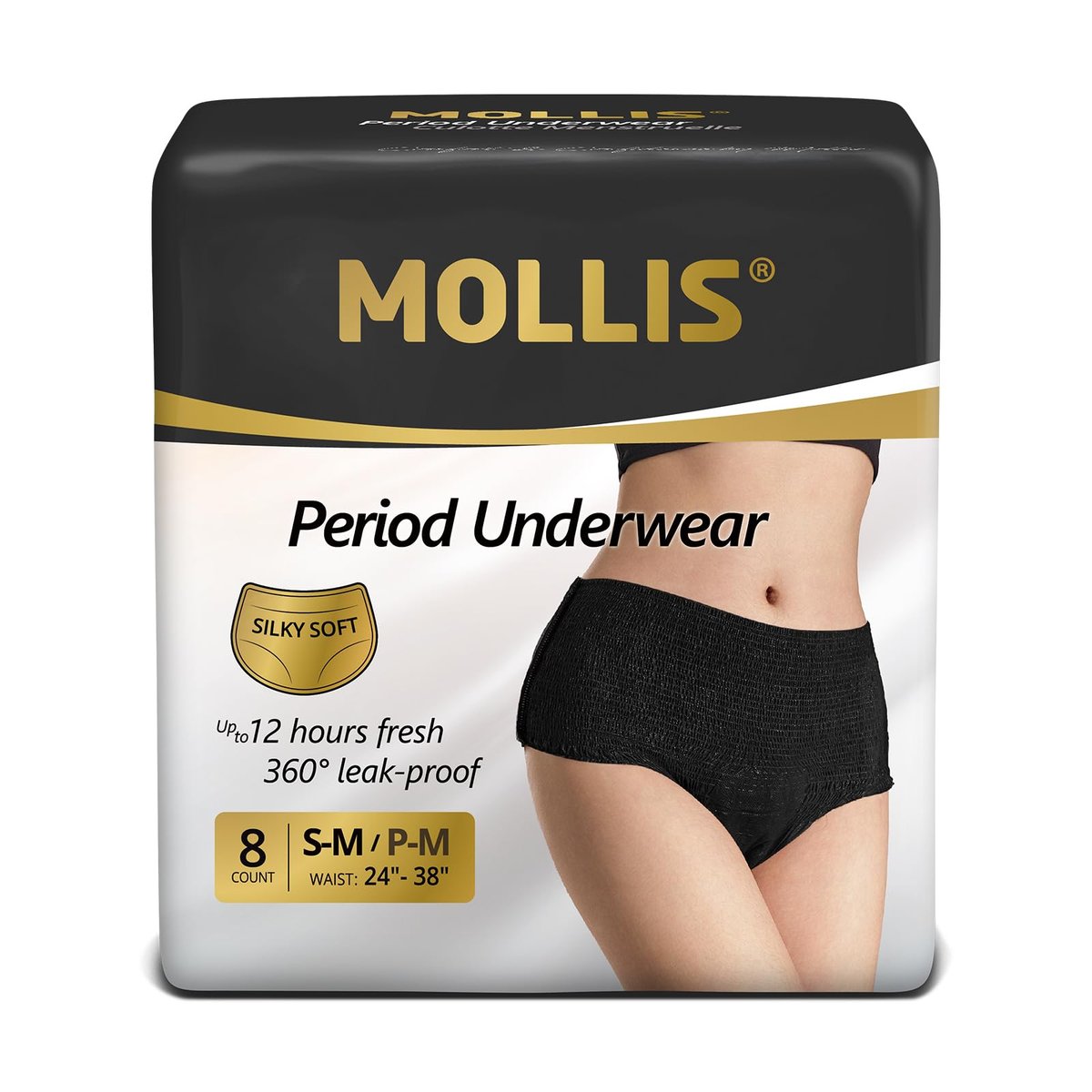 MOLLIS Disposable Period Underwear for Women, Postpartum Panties, Maternity Knickers Heavy Flow Leak Proof, Unscented, Black, Small/Medium, 8 Count - görsel 1