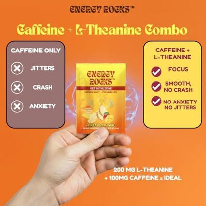 Energy Rocks Caffeine Candy - Popping Energy Candy Crystals, 100mg Caffeine, L-Theanine & B12, Fast Energy, No Drink Needed - Coffee Alternative 6-Pack (Cherry Berry & Pineapple Mango)