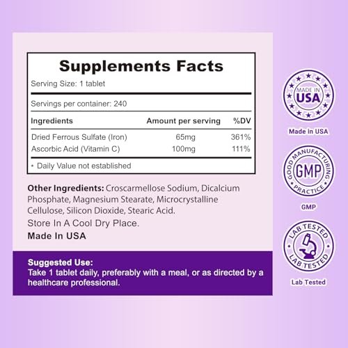 Heivy Iron Supplement Ferrous Sulfate 325mg with Vitamin C, 240 Vegan Tablets (8 Month Supply) - 65mg Elemental Iron - Non-GMO, Vegan, Highly Absorbable - görsel 5