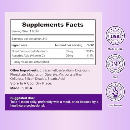 Heivy Iron Supplement Ferrous Sulfate 325mg with Vitamin C, 240 Vegan Tablets (8 Month Supply) - 65mg Elemental Iron - Non-GMO, Vegan, Highly Absorbable