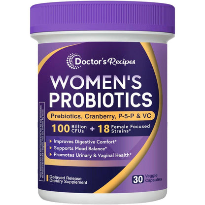 Doctor's Recipes Probiotics for Women, 100 Billion CFU, 18 Probiotic Strains, Prebiotics, Cranberry, P-5-P & VC, Vaginal, Digestive & Immune Support, Shelf-Stable, 30 Vegan Caps