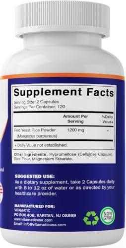 Vitamatic Red Yeast Rice 1200 mg Per Serving - 240 Veg Capsules - Made in The USA - Non-GMO & Gluten Free