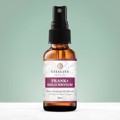 Vitality Extracts Frank+ Helichrysum Essential Oil Blend - 30ml Spray Bottle, Frankincense Boswellia Serrata, Aromatherapy, Soft Skin, Relief from Daily Aches & Soreness, Natural