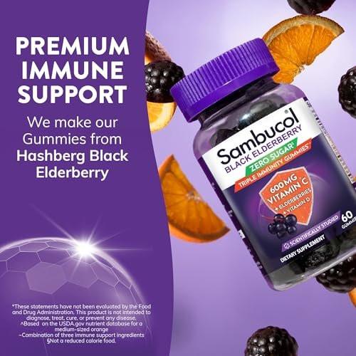 Sambucol Black Elderberry Zero Sugar Triple Immunity Gummies - Daily Vitamin C & Vitamin D, Sugar Free Black Elderberry Gummies for Adults and Kids, Chewable Berry Supplement - 60 Count - görsel 14