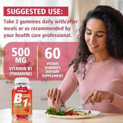 YUULAI Vitamin B1 Gummies 500mg for Adults & Kids, Thiamine B1 Supplement with Magnesium, Vitamin B1 Supplement for Nervous System Supports & Boost Energy, Raspberry Flavor, 60 Count