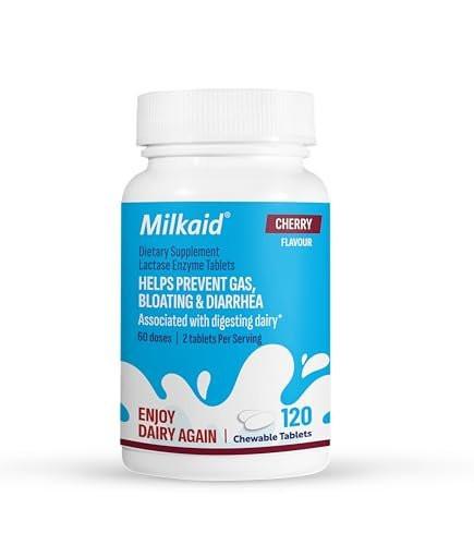 Milkaid Lactase Enzyme Chewable Tablets for Lactose Intolerance Relief | Prevents Gas, Bloating & Diarrhea | Fast Acting Dairy Digestive Supplement (120 Tablets, Cherry) - görsel 4