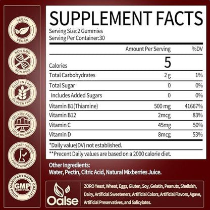 OALSE Thiamine Vitamin B1 Gummies - 500mcg Vegan Sugar Free Thiamine Supplement, with Natural Mixed Berries Flavor for Adults & Kids (60 Counts) Focus Supplement