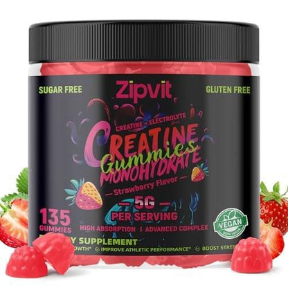 zipvit Creatine Monohydrate Gummies (5g) – Pre-Workout Energy & Muscle Growth Support for Men & Women | Strawberry Electrolyte Gummies (135 Count)