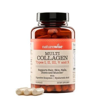 NatureWise Multi Collagen Peptides Pills for Women & Men - Type I, II, III, V, X w/Hyaluronic Acid - Supports Skin, Hair, Joint Health* - Grass Fed, Gluten Free, Non-GMO - 90 Capsules[30 Day Supply]