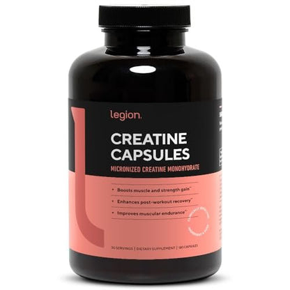 LEGION Micronized Creatine Monohydrate Supplement - Clean Creatine Powder for Muscle Gain & Post Workout Recovery - Micronized Creatine Supplement for Maximum Absorption (30 Servings, Capsule)