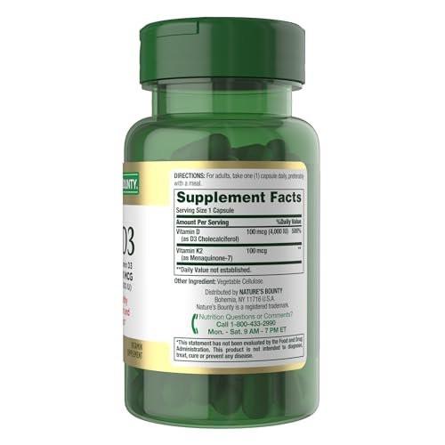 Nature’s Bounty Vitamin D3 K2 Supplement, 4000 IU Vitamin D3 plus 100 mcg of Vitamin K Supplements for Adults for Heart & Bone Health Support, 60 Day Supply, 60 Vegetarian Capsules - görsel 8