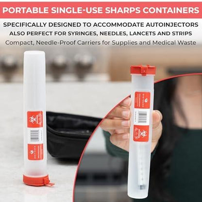 Travel-Sharps - Single Use Travel Sharps Container for AutoPens Needles Syringes - Portable Small Sharp Containers with Locking Lid, Puncture Resistant Transportable Needle Disposal Containers 6 Pack