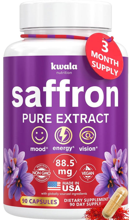 Kwala Nutrition Saffron Supplements for Mood & Focus | 88.5mg Pure Saffron Extract | Made in USA | 3 Month Supply | 90 Capsules