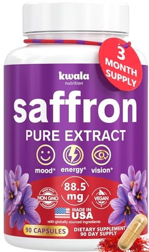 Kwala Nutrition Saffron Supplements for Mood & Focus | 88.5mg Pure Saffron Extract | Made in USA | 3 Month Supply | 90 Capsules
