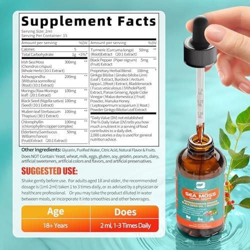 Sea Moss Drops - Irish Sea Moss Chlorophyll Liquid with Black Seed Oil, Ashwagandha, Moringa, Turmeric, Elderberry, Mullein, Seamoss Gel Supplement for Gut & Liver Cleanse, Immune Support - Vegan 2 Oz - görsel 14