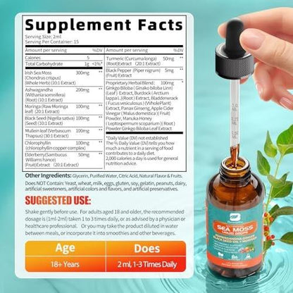 Sea Moss Drops - Irish Sea Moss Chlorophyll Liquid with Black Seed Oil, Ashwagandha, Moringa, Turmeric, Elderberry, Mullein, Seamoss Gel Supplement for Gut & Liver Cleanse, Immune Support - Vegan 2 Oz