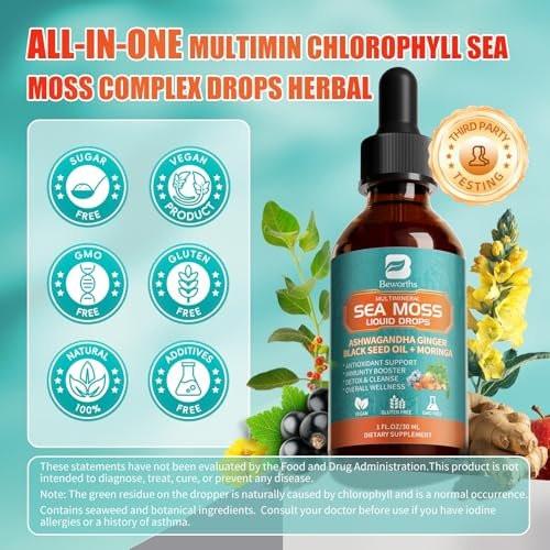 Sea Moss Drops - Irish Sea Moss Chlorophyll Liquid with Black Seed Oil, Ashwagandha, Moringa, Turmeric, Elderberry, Mullein, Seamoss Gel Supplement for Gut & Liver Cleanse, Immune Support - Vegan 2 Oz - görsel 10