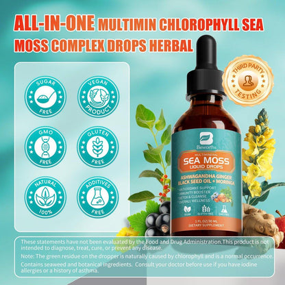 Sea Moss Drops - Irish Sea Moss Chlorophyll Liquid with Black Seed Oil, Ashwagandha, Moringa, Turmeric, Elderberry, Mullein, Seamoss Gel Supplement for Gut & Liver Cleanse, Immune Support - Vegan 2 Oz