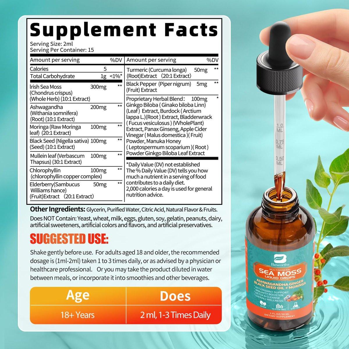 Sea Moss Drops - Irish Sea Moss Chlorophyll Liquid with Black Seed Oil, Ashwagandha, Moringa, Turmeric, Elderberry, Mullein, Seamoss Gel Supplement for Gut & Liver Cleanse, Immune Support - Vegan 2 Oz - görsel 13