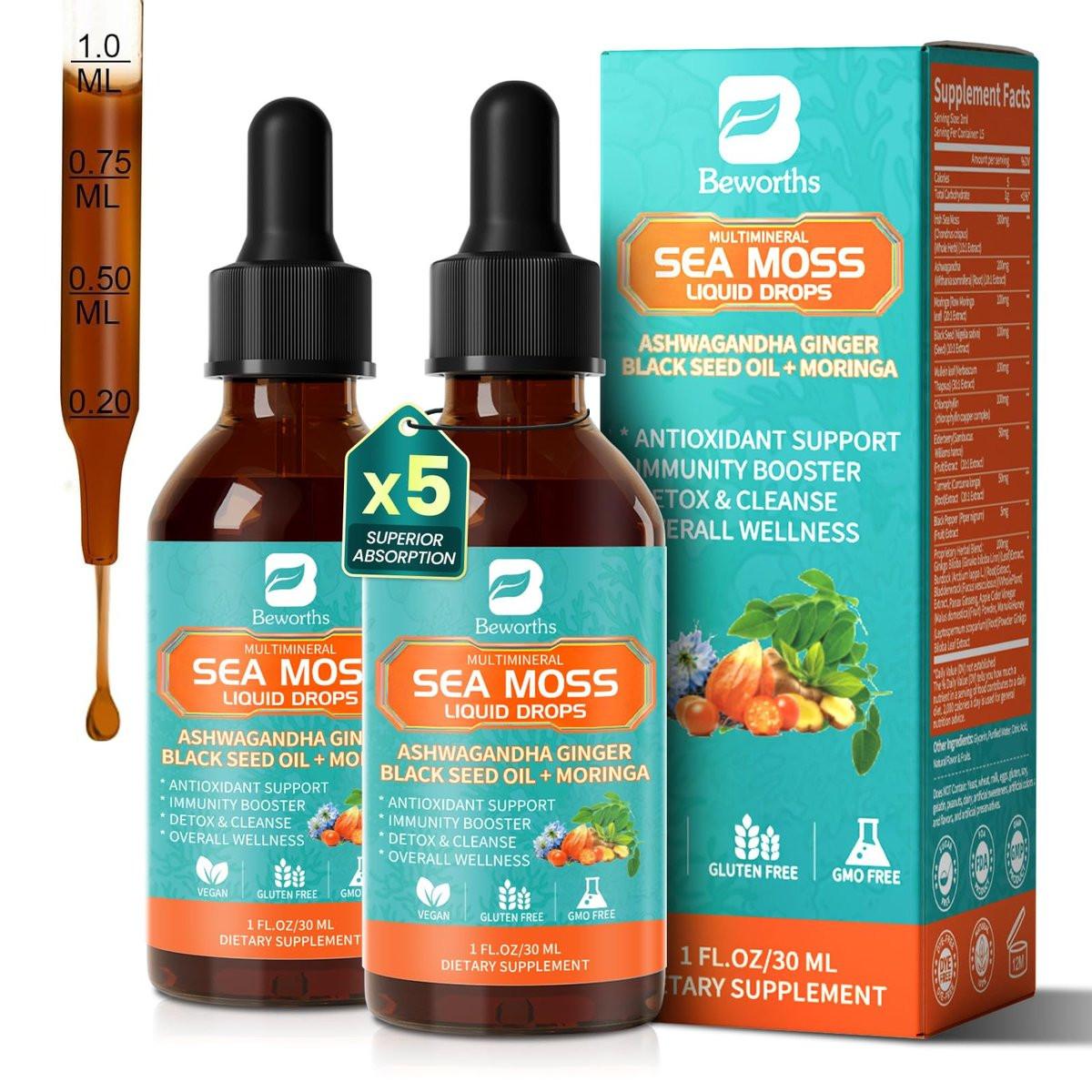 Sea Moss Drops - Irish Sea Moss Chlorophyll Liquid with Black Seed Oil, Ashwagandha, Moringa, Turmeric, Elderberry, Mullein, Seamoss Gel Supplement for Gut & Liver Cleanse, Immune Support - Vegan 2 Oz - görsel 1