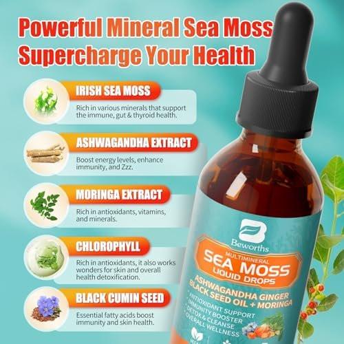 Sea Moss Drops - Irish Sea Moss Chlorophyll Liquid with Black Seed Oil, Ashwagandha, Moringa, Turmeric, Elderberry, Mullein, Seamoss Gel Supplement for Gut & Liver Cleanse, Immune Support - Vegan 2 Oz - görsel 4