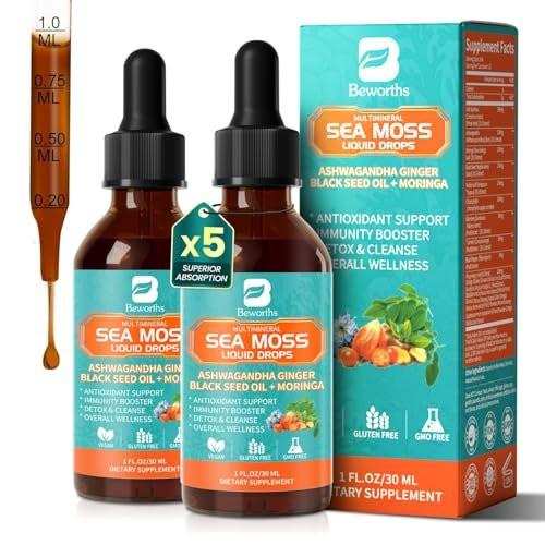 Sea Moss Drops - Irish Sea Moss Chlorophyll Liquid with Black Seed Oil, Ashwagandha, Moringa, Turmeric, Elderberry, Mullein, Seamoss Gel Supplement for Gut & Liver Cleanse, Immune Support - Vegan 2 Oz - görsel 2