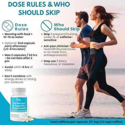Fat Burner for Women & Men - Appetite Suppressant for Weight Loss - Pills w/Metabolism Booster Thermogenic Weight Loss Supplement - Chromium, Caffeine & Green Tea - 30 Capsules